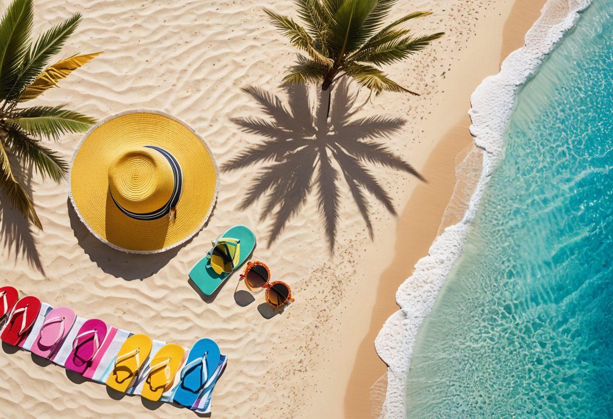 A vibrant beach scene featuring a diverse group of stylish individuals showcasing colorful swimwear and trendy beach accessories like hats, sunglasses, and beach bags. The background should include a beautiful sandy shore with clear blue waters and palm trees, creating a lively summer atmosphere. Add elements like sun umbrellas and beach towels to enhance the vacation vibe. super-realistic. vibrant colors. bright sunny atmosphere.